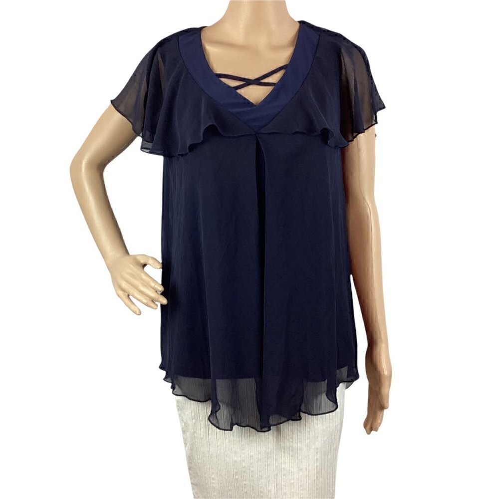 Adele & May Top Size S Navy Blue Flutter Sleeve Blouse